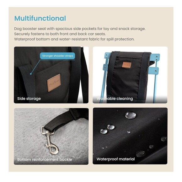 Dog Car Seat Waterproof Booster w Storage Pockets Groom Glove Small Black Gray - Picture 5 of 16